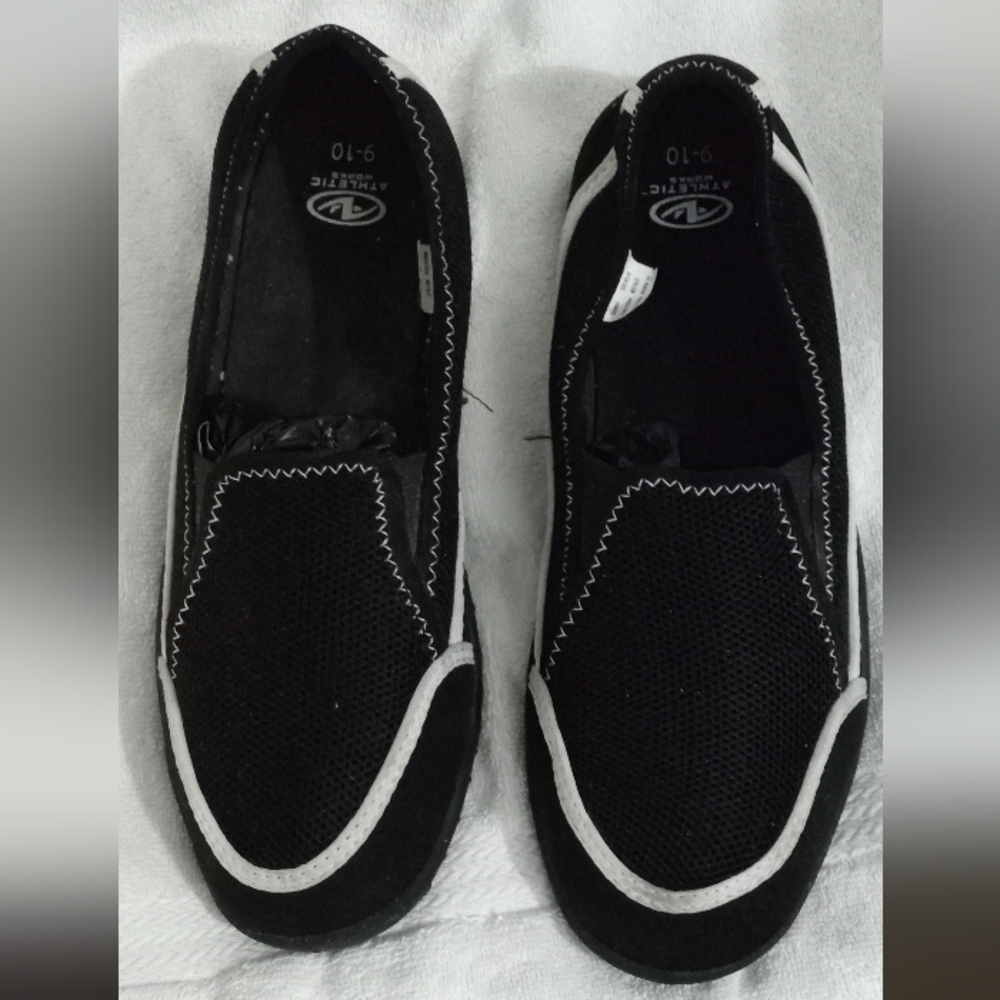 Athletic Work Black Mesh Shoes w/ White Stripe On Side- Size 9-10